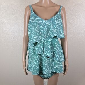 Cacique Teal & Cream Ruffled Tankini & High Wiasted Swim Suit